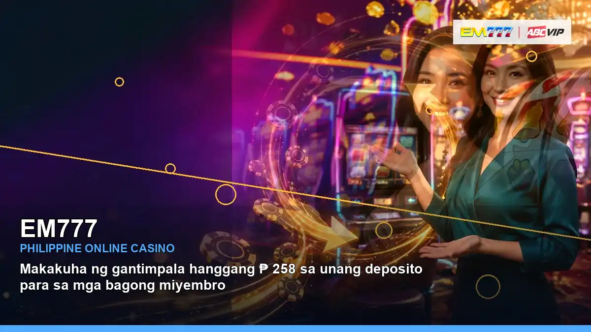 EM777 Philippines casino guide with right-framed gold jackpot slot games and an adult Filipina casino host