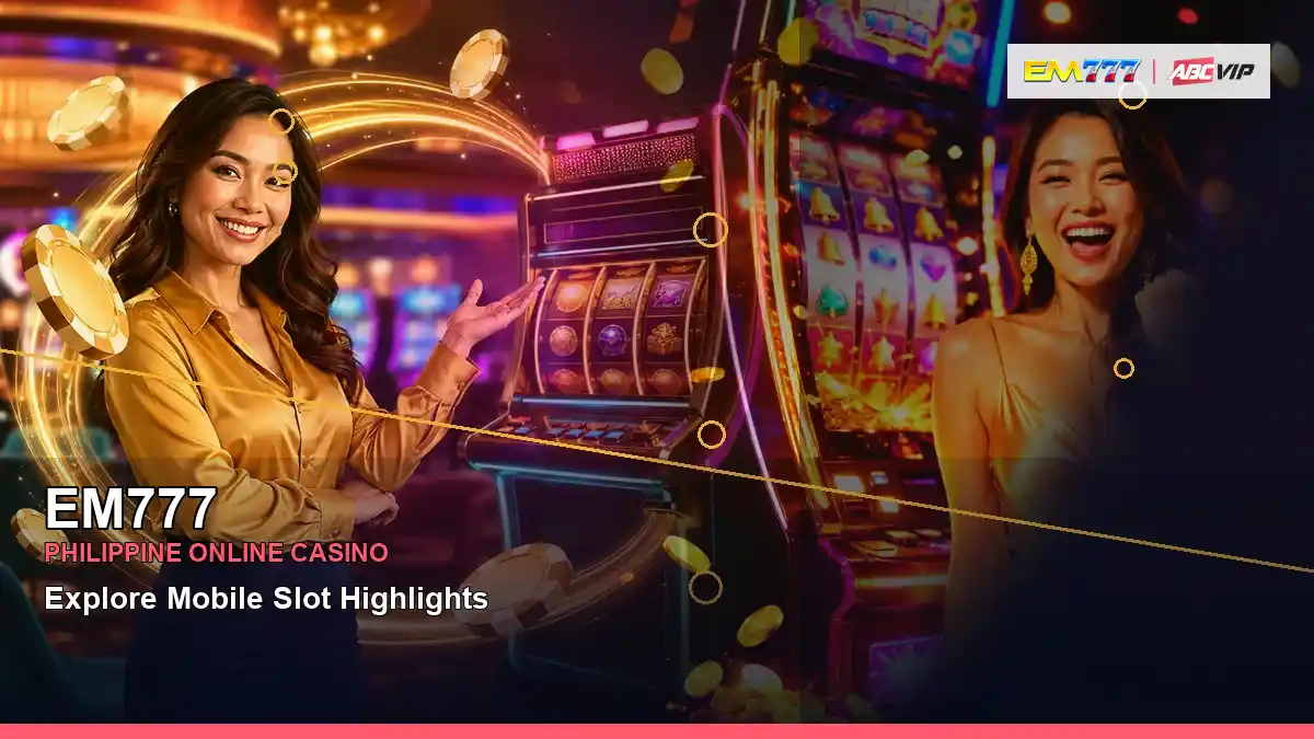 EM777 gold jackpot slot games featuring an adult Filipina casino host with a left-framed composition — view 2