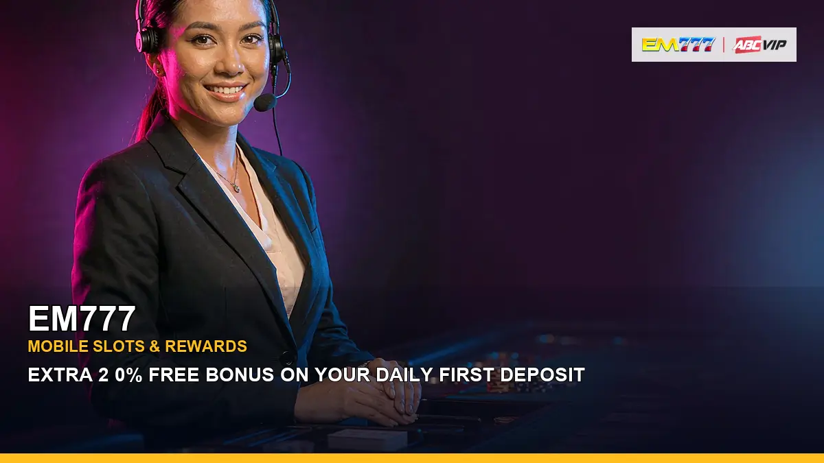EM777 live casino table games featuring an adult Filipina casino host with a portrait right space composition
