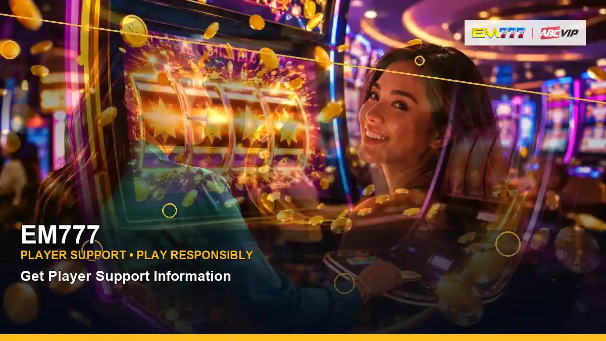 EM777 luxury online slot games featuring an adult Filipina casino host with a layered collage composition