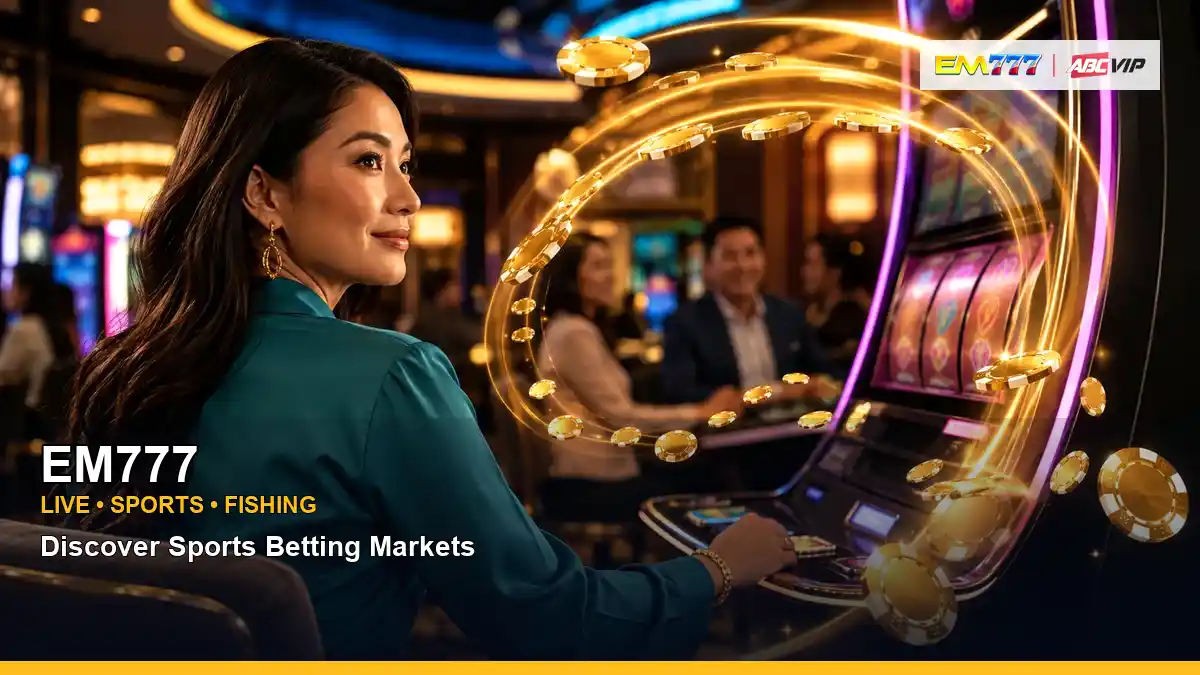 EM777 casino cashback rewards featuring an adult Filipina casino host with a dynamic composition